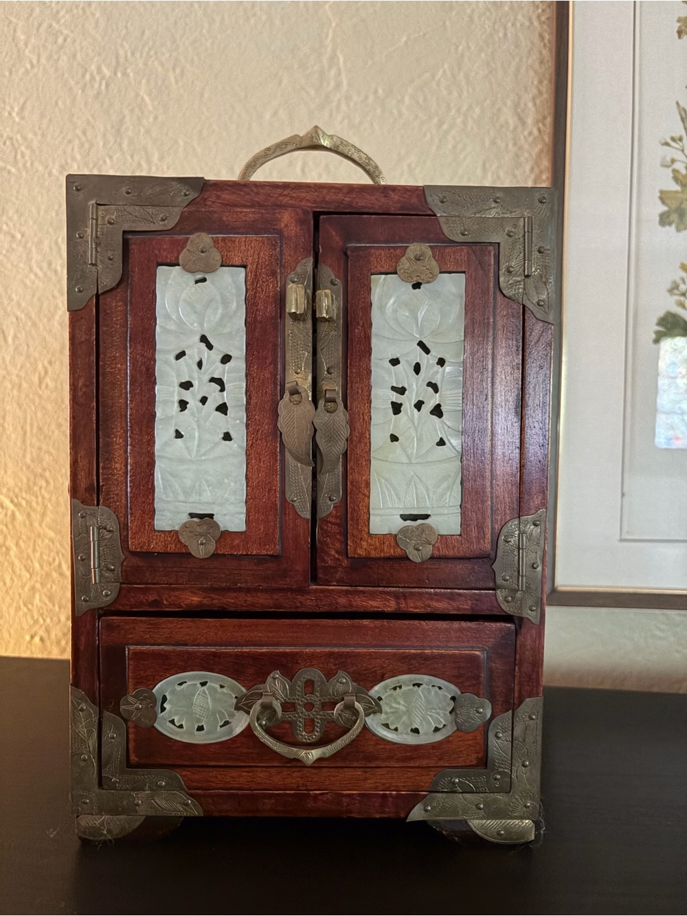 Vintage Asian Wooden Jewelry Box with Jade-Inset Panels and Brass Details
